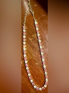 Gold-Tone Pink & Clear Crystal Tennis Necklace - necklace by Trifari Tm.